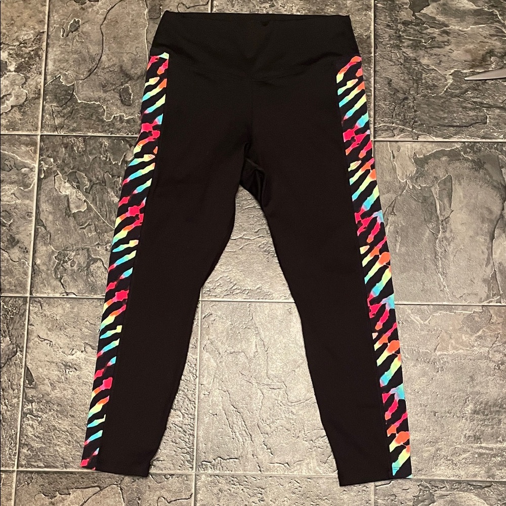 VICTORIA’S SECRET PINK Ultimate Black Leggings w Sporty Rainbow Stripes Yoga Gym